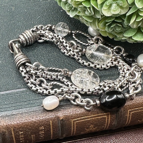 Gorgeous David Yurman silver bracelet—pearl onyx and crystal beads.